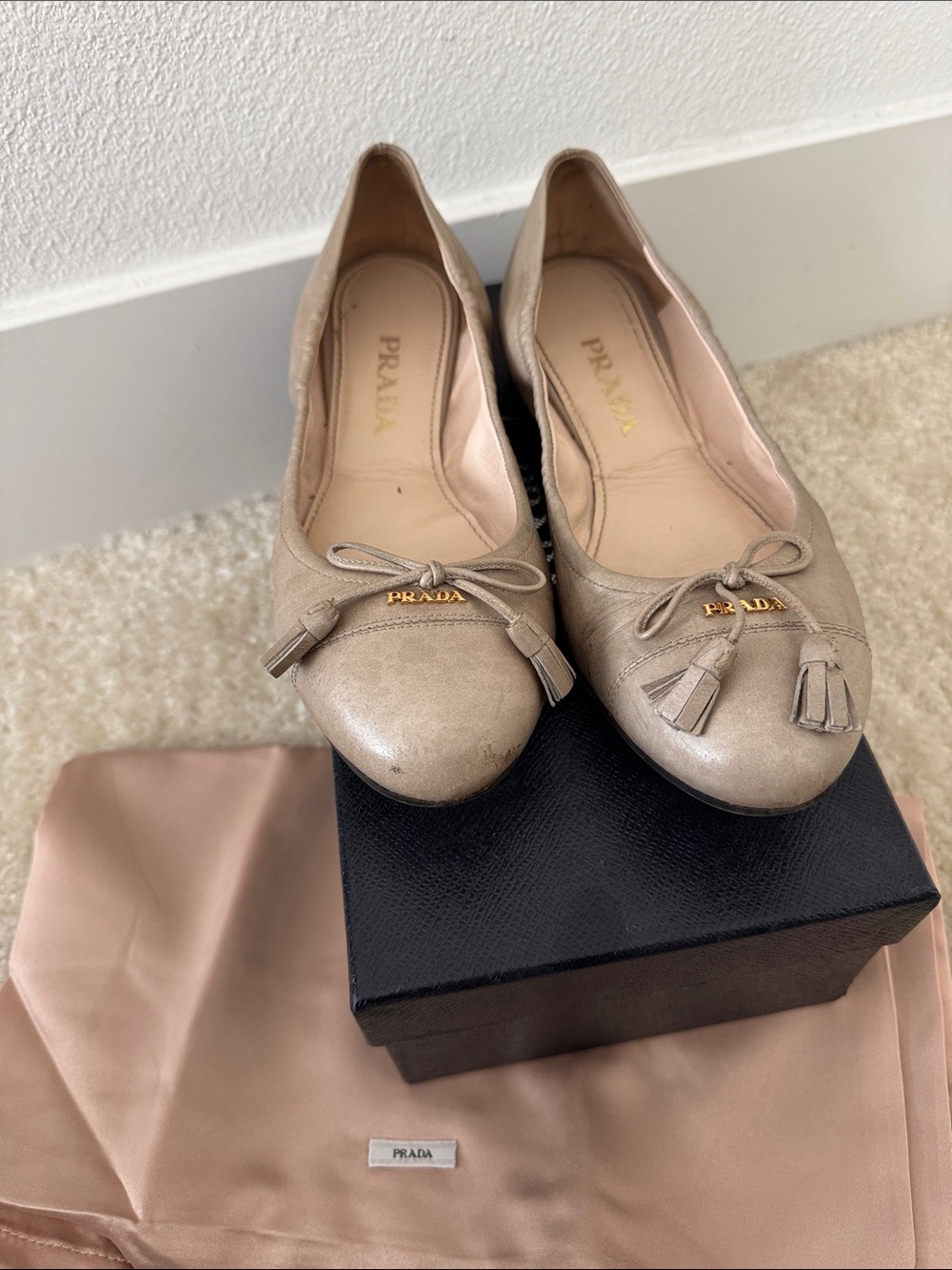 Prada Taupe Leather Ballet Flats with Tassel Bow